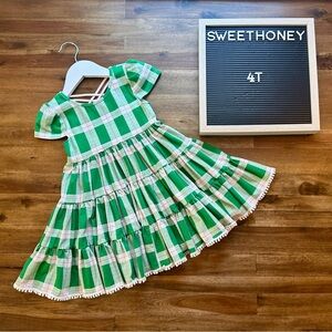 SweetHoney Flair Dress Back To School Green Pink Plaid Dress Short Sleeve 4T